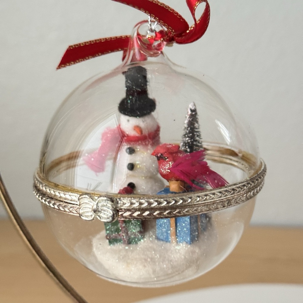 Vtg Clear Hinged Christmas Ornament Snowman Cardinal Red‎ Bird Cardinal Snowy